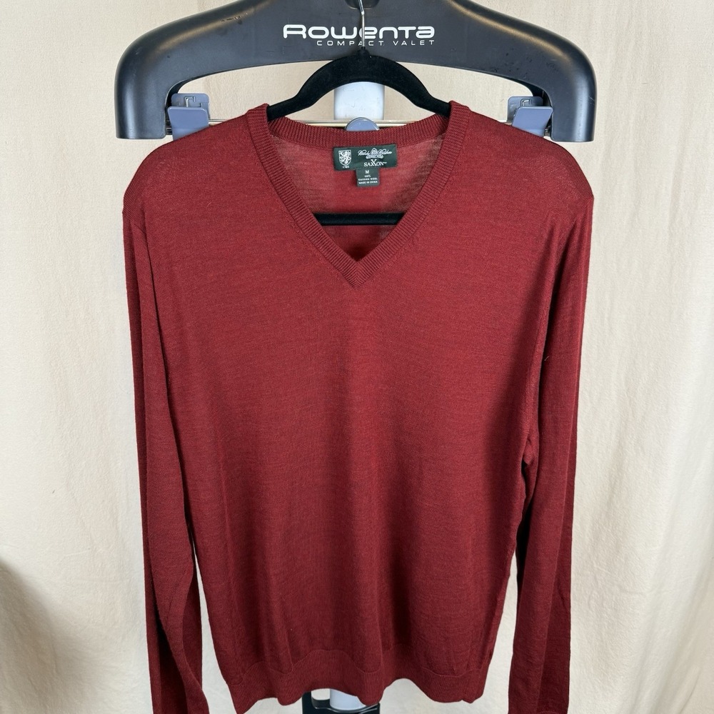 Brooks Brothers Men's Medium Red Saxxon Wool‎ V-Neck Sweater